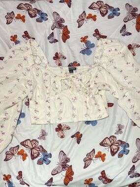 wild fable Cream Floral Puff-Sleeve Peasant Crop Top
